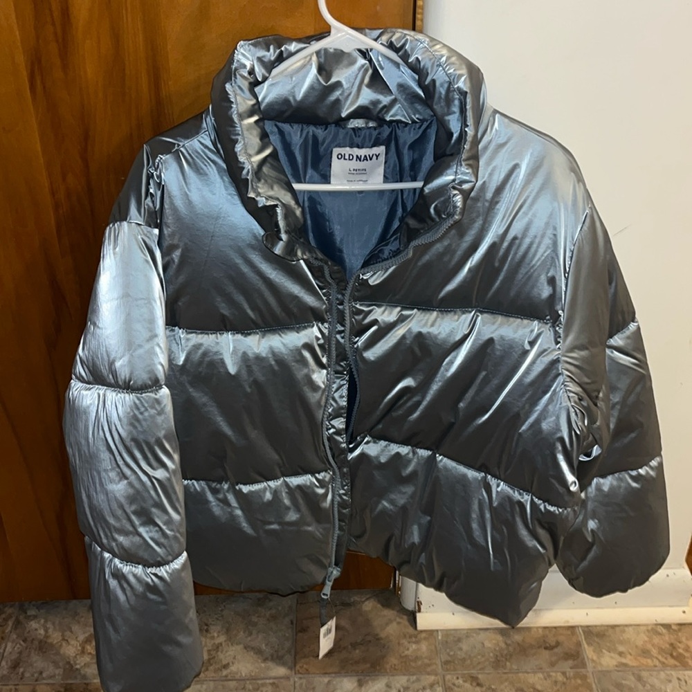 New Puffer coat! Water-resistant. Size Large Petite. Metallic powdery blue color